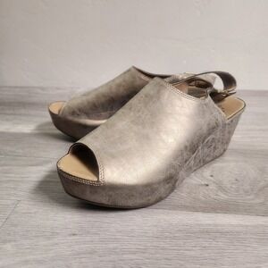 Corkys College Metallic Sandals Aize 10 Pewter Wedge Peep Toe Slingback Platform